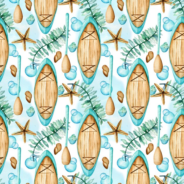 Photo seamless watercolor pattern handpainted surfboard paddles seaweed starfish and waves scuba diving