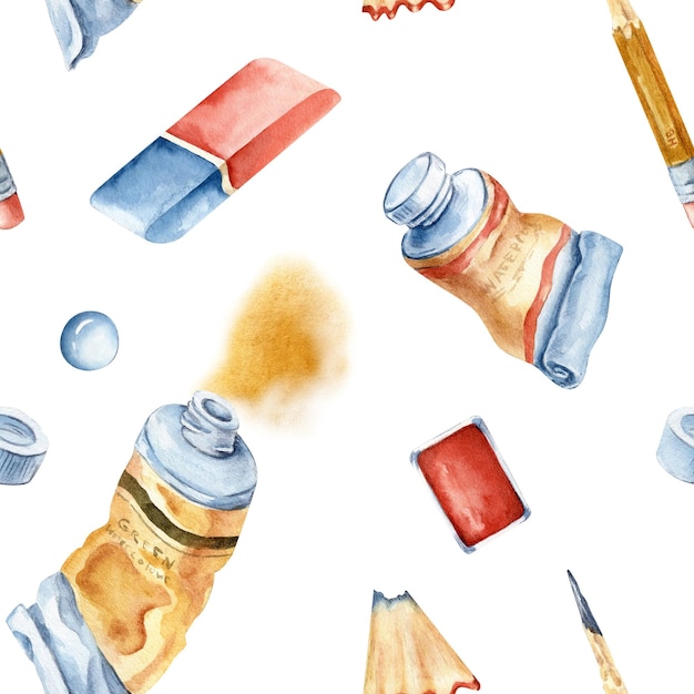 Seamless watercolor pattern with artistic materials brushes paints pencils watercolors elements