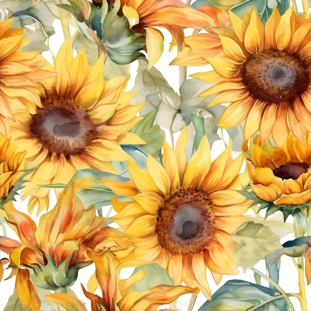 Seamless watercolor pattern with big orange sunflowers Floral illustration background Generated AI