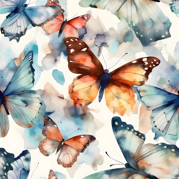 Seamless watercolor pattern with butterflies Floral illustration background Generated AI