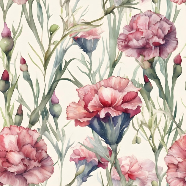 Seamless watercolor pattern with carnation flowers Floral illustration background Generated AI