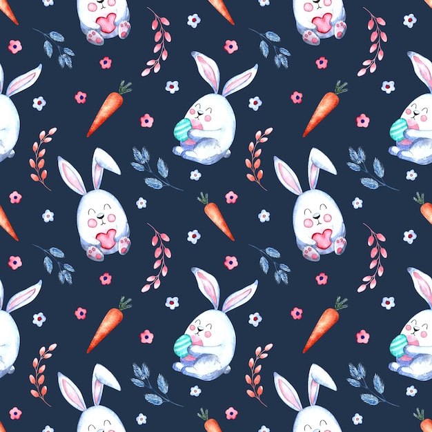 Seamless watercolor pattern with Easter bunnies with carrots, willow twigs, flowers on a white background,