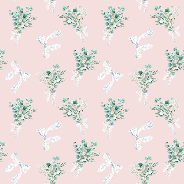 Seamless watercolor pattern with eucalyptus and gypsophila bouquets white lace bows on pink