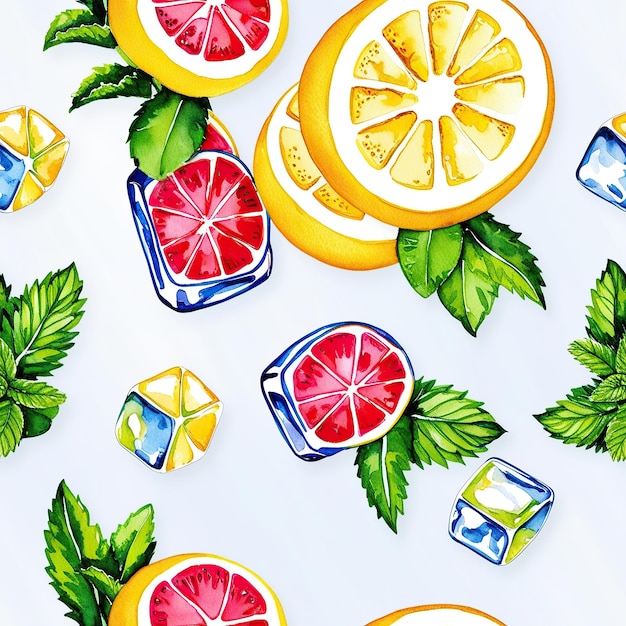 Seamless Watercolor Pattern with Lemons Grapefruit and Mint Leaves Refreshing and Delicious Desi