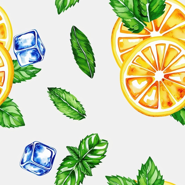 Seamless Watercolor Pattern with Lemons Mint Leaves and Ice Refreshing and Delicious Design