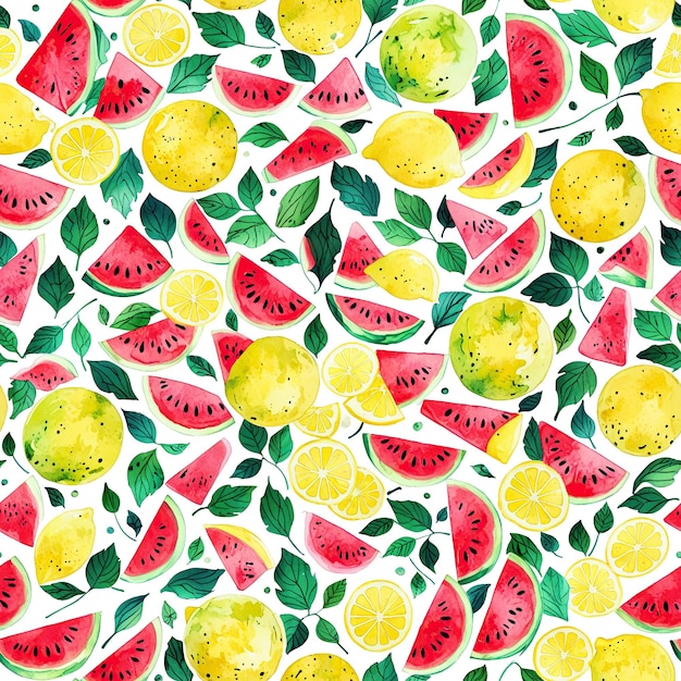 Photo seamless watercolor pattern with lemons and watermelon refreshing and delicious design