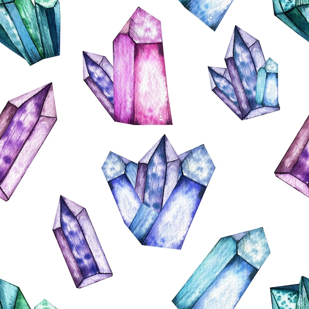 Photo seamless watercolor pattern with magical objects colorful crystals magic witchcraft esotericism