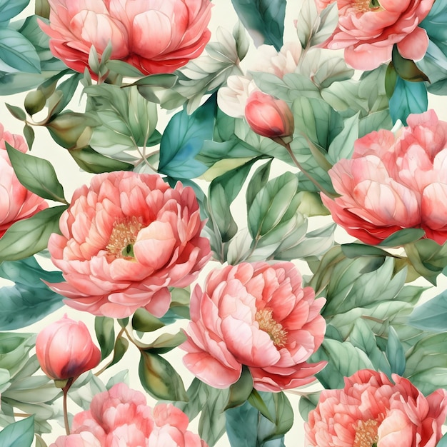 Seamless watercolor pattern with peonies Floral illustration background Generated AI