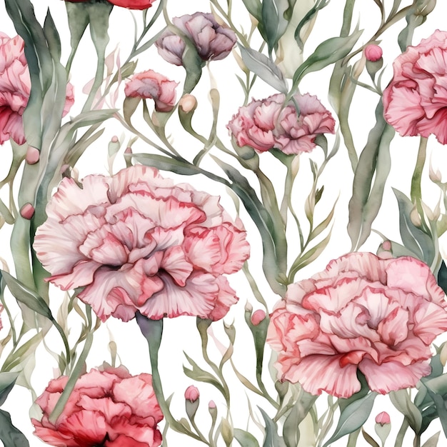 Seamless watercolor pattern with pink carnation flowers Floral illustration background Generated AI