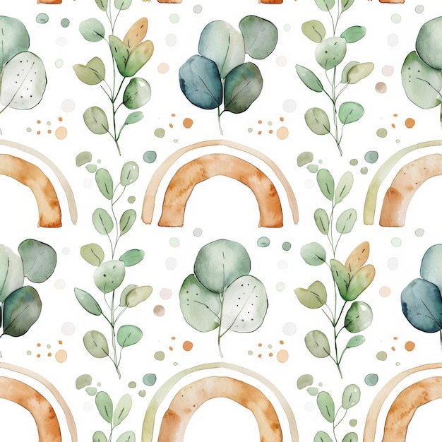 Seamless watercolor pattern with rainbow eucalyptus and spots Handdrawn clipart isolated on white