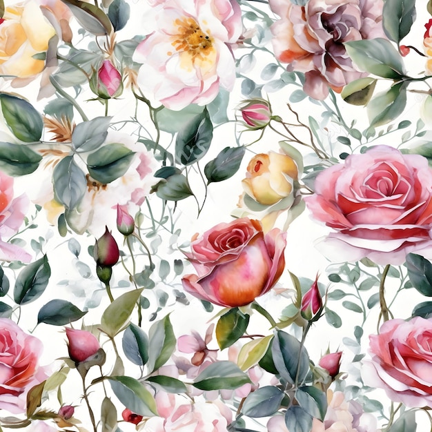 Seamless watercolor pattern with roses flowers Floral illustration background Generated AI