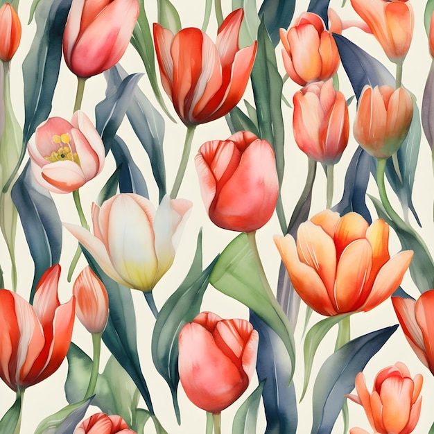 Seamless watercolor pattern with tulips Floral illustration background Generated AI