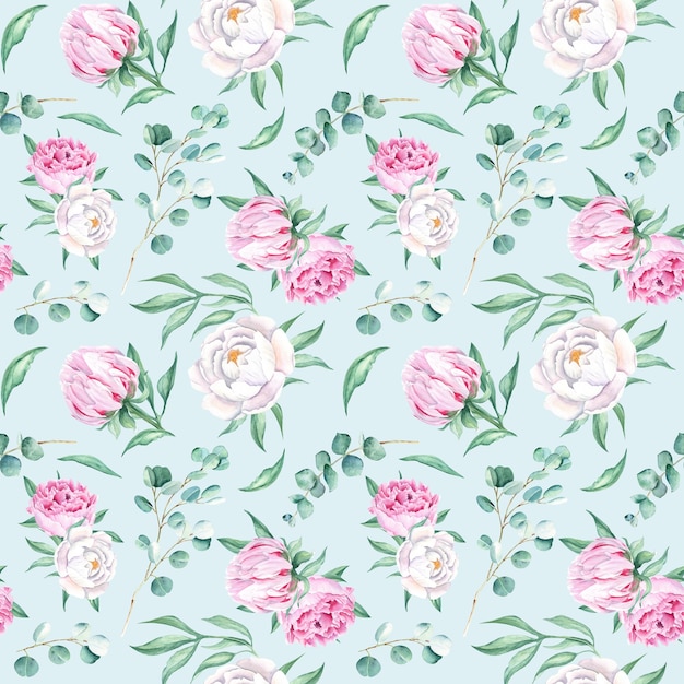 Photo seamless watercolor pattern with white and pink peonies eucalyptus branches on blue background can