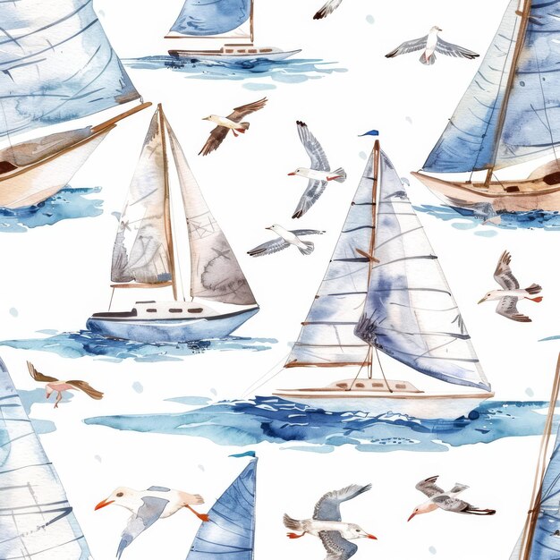 Photo seamless watercolor pattern of yachts sailboats seagulls clouds and clouds on a white background