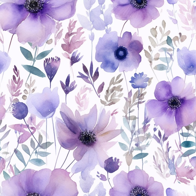 Seamless watercolor purple floral pattern