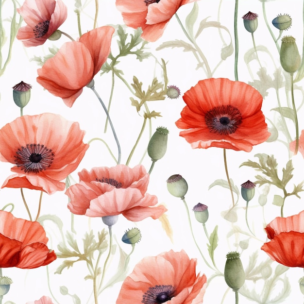 Seamless watercolor red floral pattern