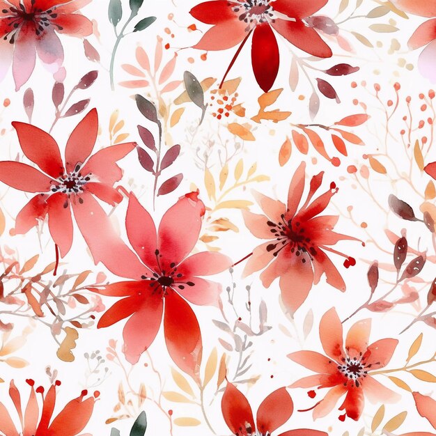 Seamless watercolor red floral pattern