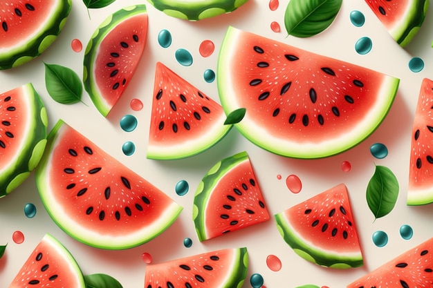 Seamless watermelons pattern Background with watercolor watermelon slices AI generation