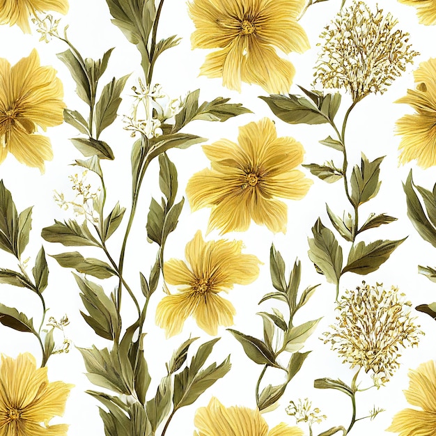 Seamless white background with golden flowers. Digital illustration