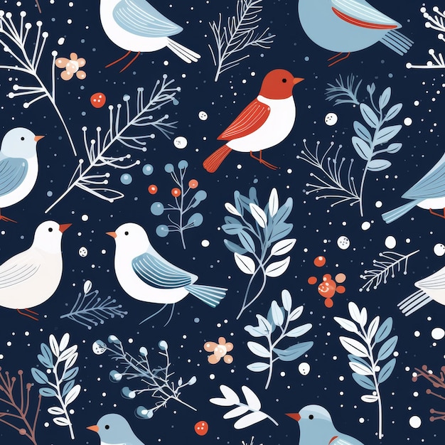 Photo seamless winter pattern with birds and branches vector illustration