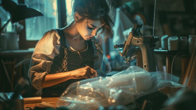 Seamstress creates precise garments with vintage sewing machine in sunny workshop aig