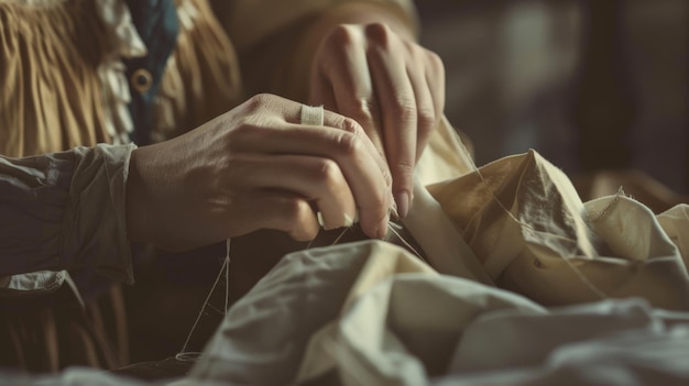 Seamstress stitching a fine dress by hand