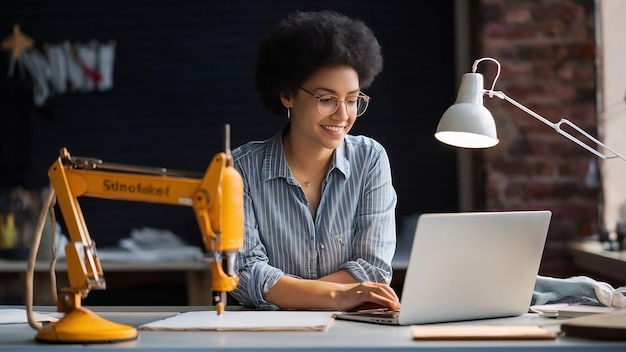 Seamstress using laptop for work