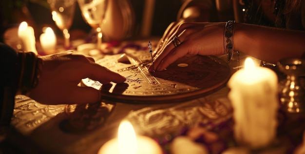 Photo a seance table with hands touching a planchette on a ouija board under candlelight