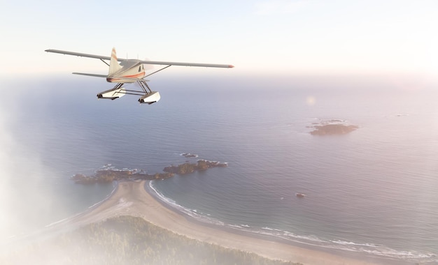 Seaplane Flying over the West Coast Pacific Ocean at sunset