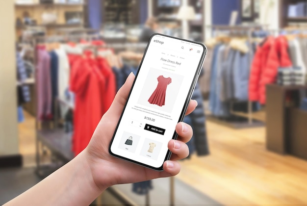 Search for clothes online in a clothing store Color and size selection on app Modern ecommerce website on a mobile phone in a woman's hand