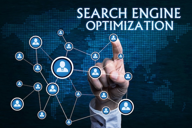 Search engine optimization concept on dark blue background