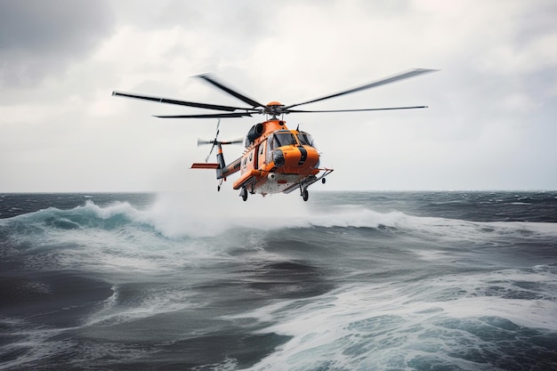 Search and rescue operation in sea Emergency rescue helicopter flies over sea surface looking for victims after crash Created with Generative AI