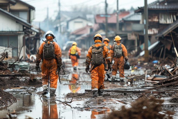 Search and rescue team working in a disaster area