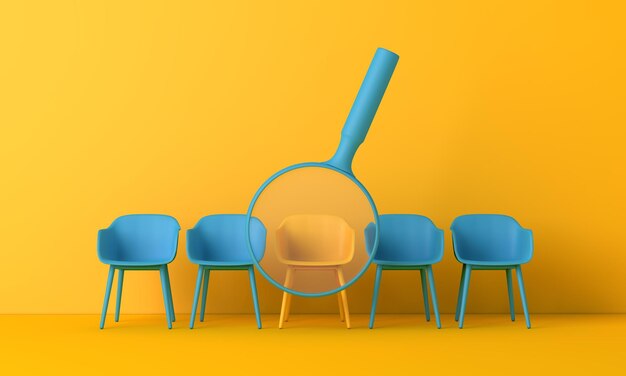 Photo searching for a new job opportunity office chair with magnifying glass recruitment concept 3d render