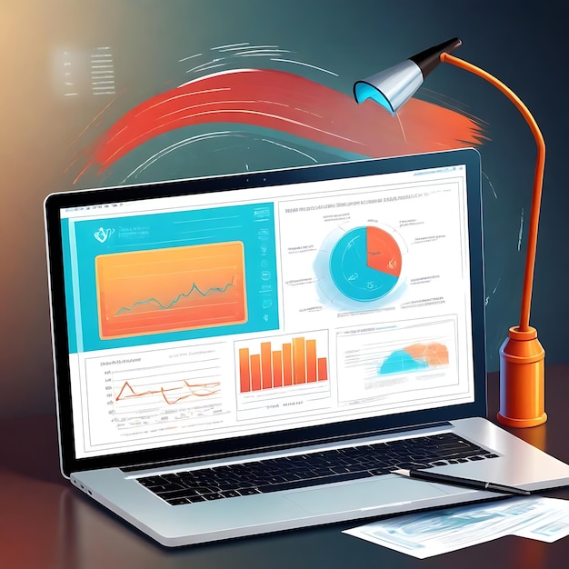 searchingInfographic charts analysis of corporate laptop malware searching magnifier lens