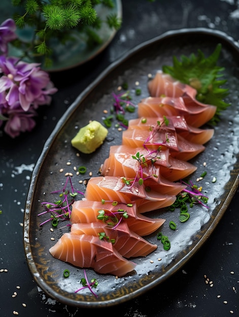 Photo seared aji horse mackerel sashimi japanese cuisine on dark background gourmet dish