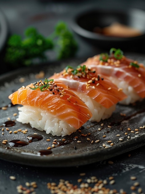 Seared aji sushi Nigiri Japanese Nigiri with dark background gourmet food photo