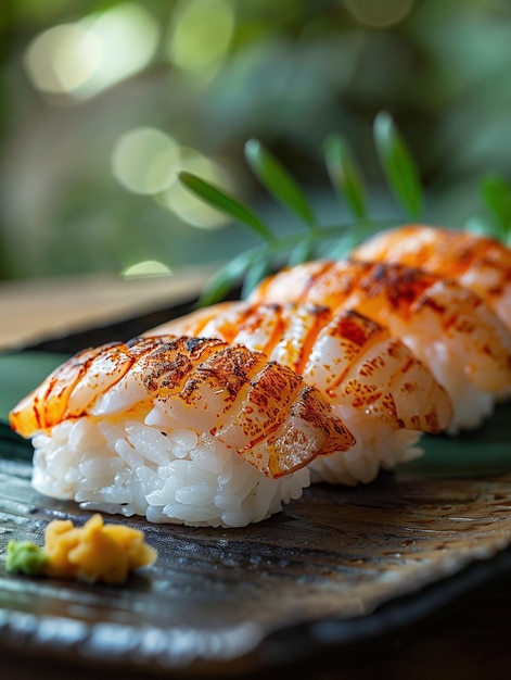 Seared Aoyagi Nigiri on rustic wooden board with gourmet presentation