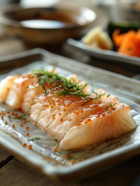 Photo seared fish sashimi aburi on rice japanese sashimi dish close up