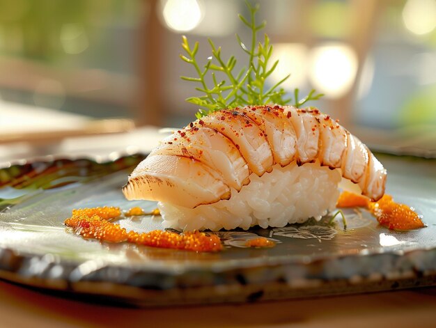 Seared Hamaguri clam nigiri on rice served on a ceramic plate elegant Japanese cuisine