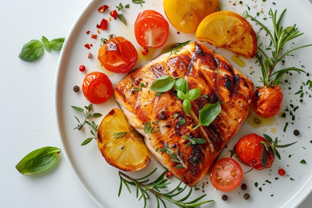 Seared salmon garnished with basil and a variety of tomatoes