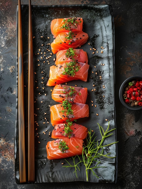 Photo seared salmon sashimi japanese sashimi aburi on dark background gourmet food photo