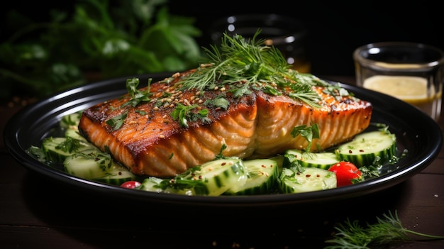 Seared salmon steak with fried potatoes and fresh vegetable salad served on wooden table