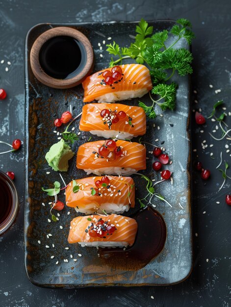 Seared salmon sushi Nigiri Japanese sushi Aburi with dark background gourmet food photo