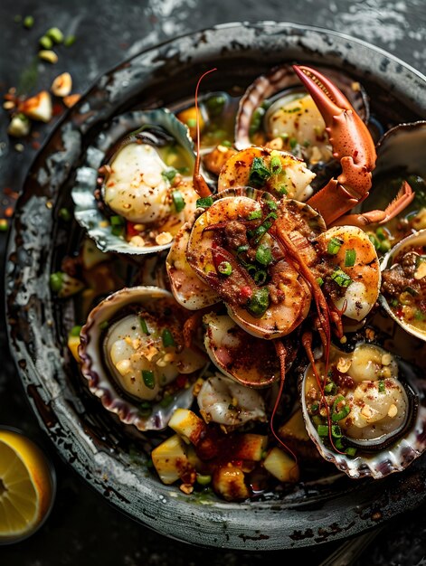 Seared Shrimp Dish with Lemon and Herb Garnish on Rustic Plate