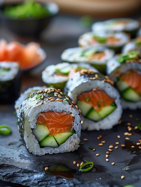 Photo seared sushi cherry blossom roll with salmon avocado and cucumber on a dark background