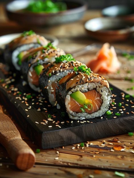 Photo seared sushi christmas roll with red tuna and green avocado on a wooden rustic background