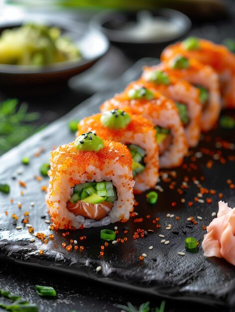 Photo seared tuna cherry blossom roll with salmon avocado and cucumber wrapped in nori on a dark background