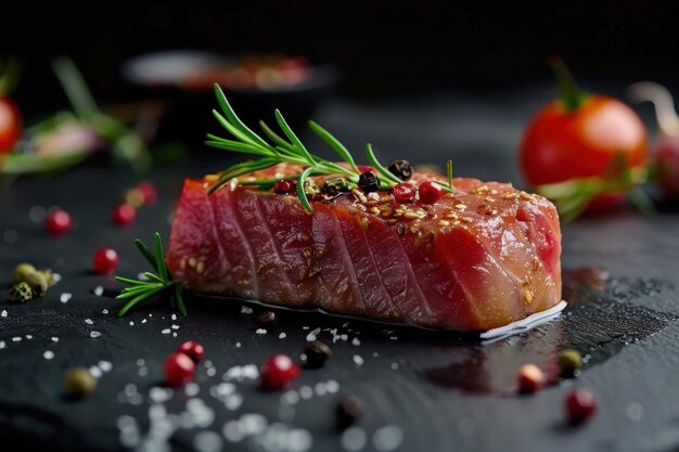 Seared Tuna Steak with Rosemary and Pepper on Black Slate Gourmet Seafood Dish with Elegant