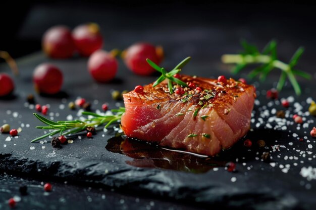 Seared Tuna Steak with Rosemary and Pepper on Black Slate Gourmet Seafood Dish with Elegant